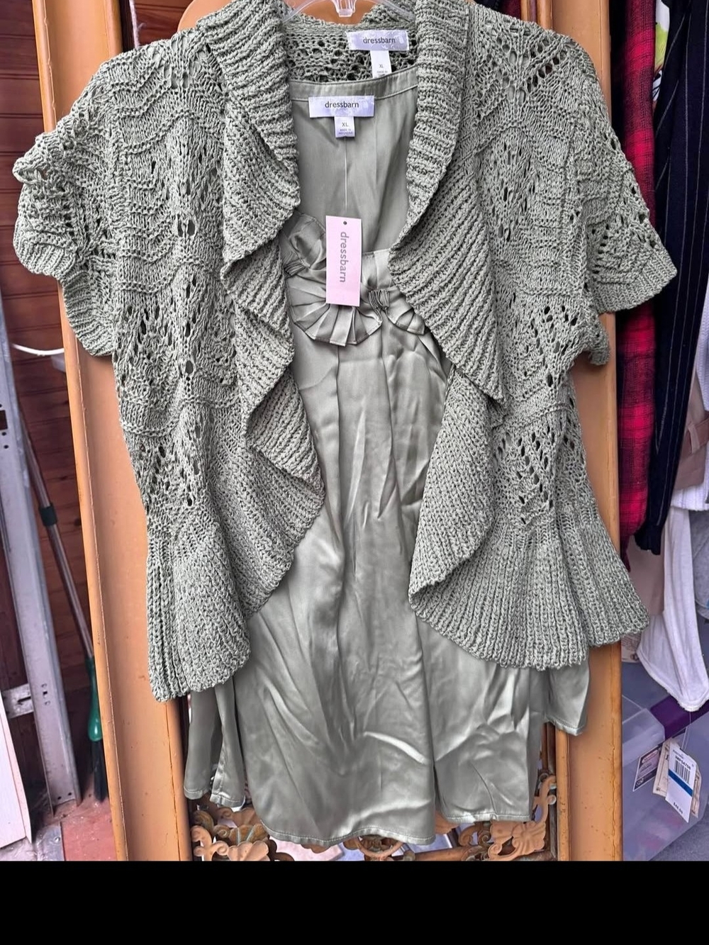 dressbarn Olive Green Ruffle Open-Knit Cardigan 2 Piece